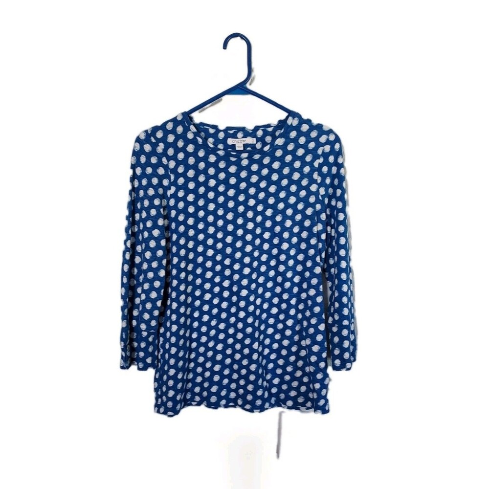 Chico's Women's Size Small (0) Blue Polka Dot Top 3/4 Sleeve With Buttons